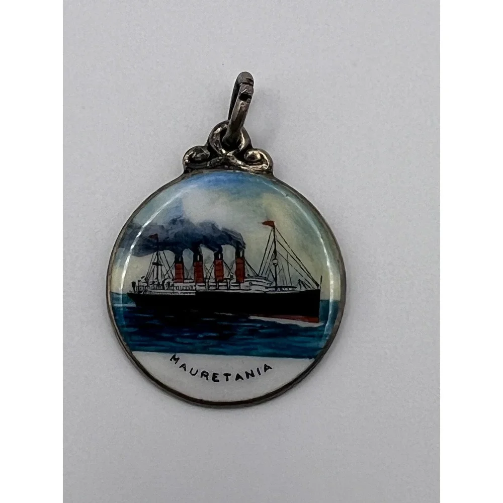 RO RMS Mauretania Charm Unisex OS Silver Excellent Antique Enamel 1910 Sterling